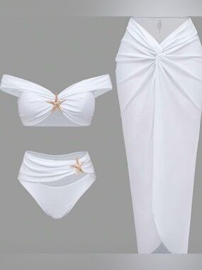 SHEIN White Three Piece Bikini Set with Starfish Accents